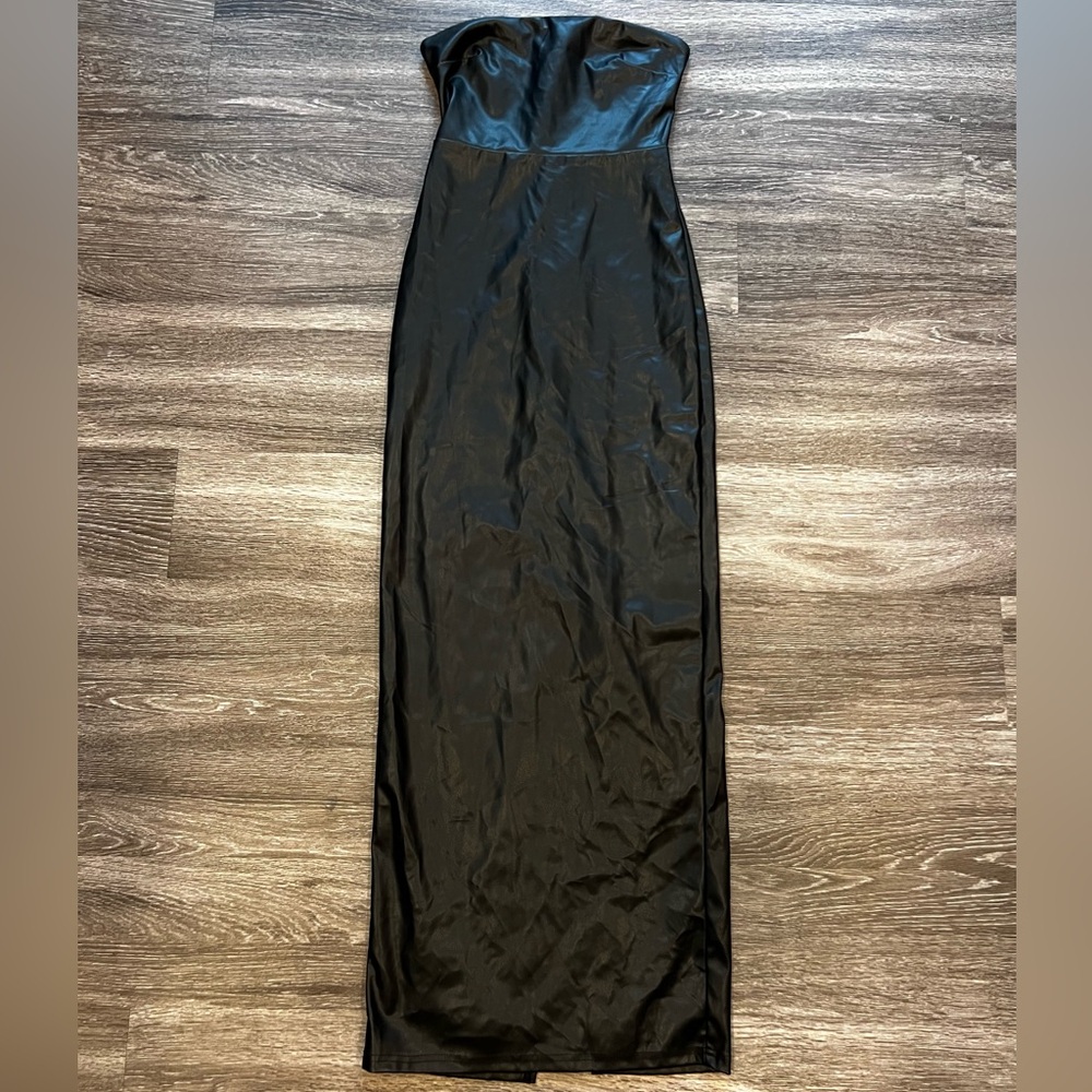 Revolve Strapless Faux Leather Black Formal Maxi Dress